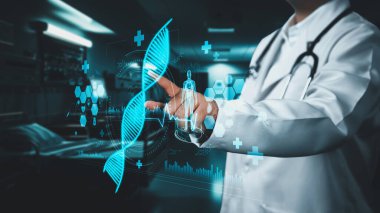 Yetenekli doktorların DNA hologramına bakmasını istiyorum. Hasta semptomlarını teşhis ederken hastanın DNA analizlerini inceleyen yetenekli bir doktor. Teknoloji ve sağlık hizmetleri. İyileştirici.