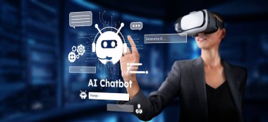 Sanal gerçeklik ortamında gelişmiş bir yapay zeka sohbet robotuyla etkileşime giren bir kadın modern bir çalışma alanında ileri teknoloji ve dijital iletişim sergiliyor. XDMCP