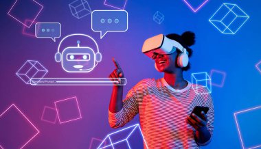 Canlı bir sahne, sanal gerçeklik kulaklığıyla meşgul bir kullanıcıyı gösteriyor, bir sohbet robotuyla etkileşime geçiyor, dijital iletişimin ve yeniliğin heyecan verici geleceğini vurguluyor. XDMCP