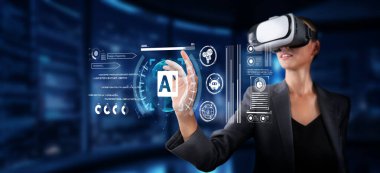 Sanal gerçeklik kulaklığı takan profesyonel bir kadın, gelecekteki arayüzle etkileşime geçiyor, dijital ortamda yapay zeka ve büyüleyici teknoloji kavramları sergiliyor. XDMCP