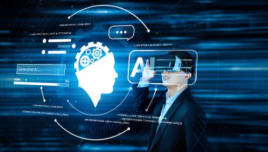 Yapay zeka planlama planını kullanırken takım elbise ve sanal gerçeklik gözlüğü takan zeki bir işadamı. Proje yöneticisi, parlayan holograma işaret ederken artırılmış gerçeklik gözlüğü kullanarak veri üretiyor. Yaratıcılık.