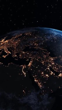 Gerçekçi coğrafya yüzeyi ve bulutların atmosferiyle Dünya 'nın 3D yörüngesel animasyonu. Kıtaları ve okyanus manzarasını gösteren dönen dünya küresi .