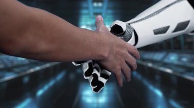 Bir insan eli, küresel bağlantı ve yeniliği temsil eden küresel bir küre ve veri ikonları ile işbirliğini ve teknolojik gelişmeyi sembolize eden bir robot ele uzanır. Auvana