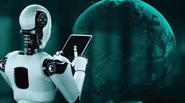 AI robot huminoid uses cloud computing technology to store data on online server . Futuristic concept of cloud information storage analyzed by machine learning process . 3D rendering .