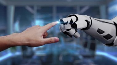 Bir insan eli modern ofis ortamında bir robot elle dijital bir arama arayüzüne işaret ederek, teknolojinin ve yenilikteki insan etkileşiminin füzyonunu gösteriyor. Auvana