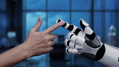 Bir insan eli, küresel bağlantı ve yeniliği temsil eden küresel bir küre ve veri ikonları ile işbirliğini ve teknolojik gelişmeyi sembolize eden bir robot ele uzanır. Auvana