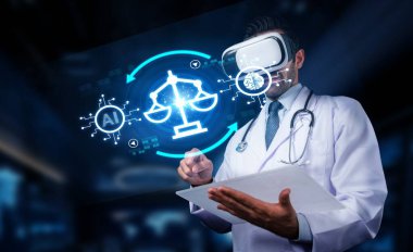 Bir tıp uzmanı, yenilikçi bir sağlık ortamında verileri keşfetmek, tıp, yapay zeka ve hukuki temsilciliğin kesişimini vurgulamak için sanal gerçeklik teknolojisine başvurur. PHMT