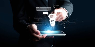 Yapay zeka sanal asistanı Chatbot ile yapay zeka konsepti ile insan etkileşimi, yapay zeka mühendisliği, LLM yapay zeka derin öğrenimi iş desteği için üretken yapay zeka kullanımı. FaaS