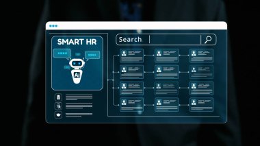 Veri gösterimleri, kullanıcı arama seçenekleri ve organizasyonlar için gelişmiş analitik içeren yapay zeka odaklı insan kaynakları çözümlerini gösteren modern dijital arayüz. Dörtgen