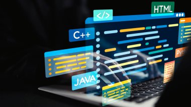 Çeşitli renkli kodlama dillerine sahip bir dizüstü bilgisayar üzerinde çalışan bir programcının dijital temsili. Karanlık zemin parlak arayüzleri ve kodlama elementlerini vurguluyor. Dörtgen