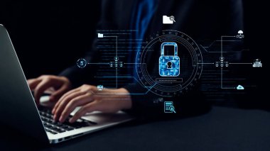 Şık bir dizüstü bilgisayar, modern bir çalışma ortamında güçlü siber güvenlik önlemleri ve veri koruma stratejilerini sembolize eden canlı bir dijital kilit sergiliyor. Dörtgen