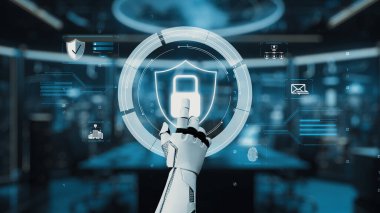 Zarif bir robot el, teknolojiyi ve yeniliği vurgulayarak, modern bir kontrol odasında geçen, bir kalkan sembolünün yer aldığı etkileşimli dijital güvenlik arayüzüne bağlanıyor. Auvana