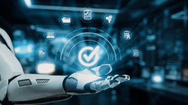 Modern teknolojiyi sembolize eden, yenilikçi bir ortamda otomasyon ve sanal iletişimi vurgulayan, yüzen dijital simgeler sergiliyor. Auvana