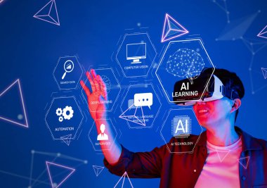 Bu resim, sanal gerçeklik yoluyla gelişmiş yapay zeka teknolojileriyle ilgilenen, asist teknoloji ve doğal dil işlemesindeki yenilikçi uygulamaları vurgulayan bir kişiyi tasvir etmektedir. XDMCP