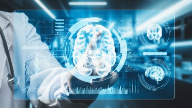 Laboratuvarda geçmişi bulanık dururken beyin hologramına işaret eden zeki doktorlara yaklaş. Tıp çalışanı beyin yapısını incelerken tıbbi verileri kontrol ediyor ve erişiyor. İyileştirici.