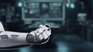 Fütürist bir robot el, teknoloji ve iş büyümesinin kesişimini vurgulayan analitik grafiklerle dijital pazarlama stratejisi arayüzü sergiliyor. Auvana