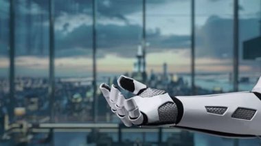 Gelecekçi robot bir el modern bir ofis alanına uzanıyor, yapay zeka sohbet arayüzü sergiliyor. Bu video teknoloji entegrasyonu ve dijital etkileşimin özünü yakalar. Auvana