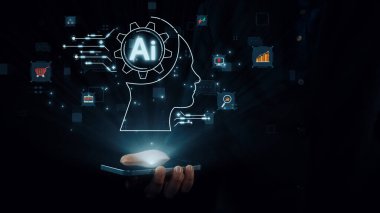 Yapay zeka mühendisliği, büyük veri ve yapay zeka makinesi kavramında yapay zeka beyin işlemcisiyle iş desteği için üretken yapay zeka kullanmayı öğrenen insan etkileşimi. Kullanıcı Kimliği