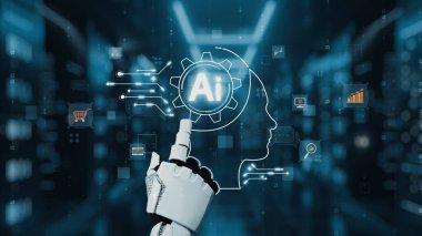 Fütürist bir robot el, dijital arayüze karşı kurulmuş yapay zeka sembolünü işaret ediyor. Görüntü, modern toplumda teknoloji ve yeniliğin kesişimini temsil ediyor. Auvana