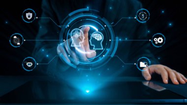 Yapay zeka mühendisliği, büyük veri ve yapay zeka makinesi kavramında yapay zeka beyin işlemcisiyle iş desteği için üretken yapay zeka kullanmayı öğrenen insan etkileşimi. Kullanıcı Kimliği