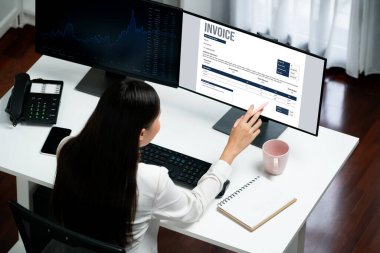 Muhasebe uygulamasından gelen fatura bilgisayar ekranında. Şirket işlerinin finans ve bütçesi için bilgisayar programı. canlı.