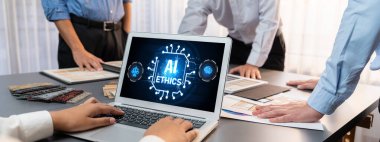 Yapay zeka etik standart hukuk ve bilgisayar ekranındaki kurallar yapay zeka etik şeffaflığının teknoloji suçunu önlediğine dair rapor sunuyor. canlı