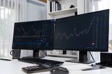 Bilgisayarda iki adet dinamik borsa grafiği görünüyor. Yazılımda güncellenen finansal teknolojiye yapılan zaman uygulaması yatırımı üzerinden otomatikman satış veya satın alma karı. İnfobahn.