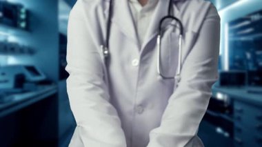 Beyin anatomisi hologramı tutan zeki doktorların laboratuvarda bulanık geçmişleri var. Profesyonel tıp çalışanı beyin ameliyatına hazırlanıyor. Teknoloji yeniliği. İyileştirici.