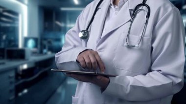 Doktorun elinde tabletle laboratuarda yüzen hologramla görüntüsünü kapatın. İnsan anatomisini incelemek için teknolojiyi kullanan bir tıp çalışanı. HUD Gösterge Paneli Tüm Vücut. İyileştirici.