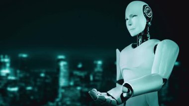 AI hominoid robot holding hologram screen shows concept of global communication network using artificial intelligence thinking by machine learning process. 3D rendering computer graphic.