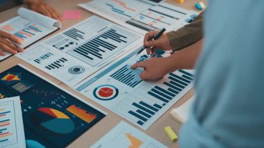 Profesyonel bir çalışma alanında, takım üyeleri finansal ve pazarlama performansını geliştirmek ve strateji oluşturmak için çeşitli grafik ve grafikleri analiz eden bir iş toplantısına katılırlar. SACTR