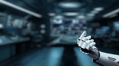 Fütürist bir robot el dijital veri görselleştirmeleri ile çevrili bir mikroçip sunar, modern bir laboratuvar ortamında yenilik ve gelişmeyi sembolize eder. Auvana
