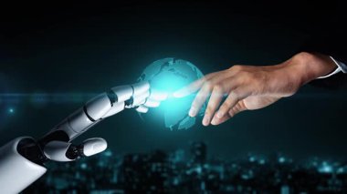 Gelecekçi robot yapay zeka yapay zeka yapay zekayı aydınlatıyor ve makine öğrenme kavramını geliştiriyor. İnsan hayatının geleceği için küresel robot biyonik bilim araştırması. 3B görüntüleme grafiği.