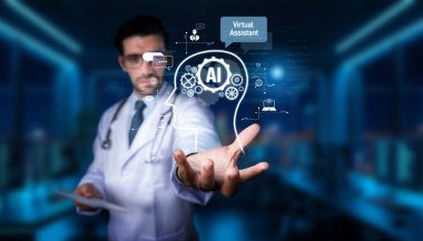 Bir doktor, yapay zeka teknolojisine vurgu yaparak, sağlık hizmetlerinin geleceğini ve dijital çözümlerin hasta bakımına entegrasyonunu gösteren sanal bir asistan konsepti sunuyor. PHMT