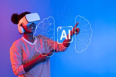 Genç bir yetişkin, modern ve renkli bir ortamda yapay zeka ve yenilikçi öğrenmenin kesişimini gösteren canlı bir sanal gerçeklik deneyimini keşfeder. XDMCP