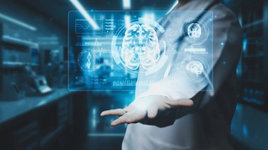 Laboratuvarda parlak mavi beyin hologramını tutan bulanık geçmişi olan doktorlara yaklaş. Yetenekli nörolog beyin hologramına ve beyin hasarına bakıyor. Eline odaklan. İyileştirici.