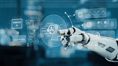 Bir robot el, çağdaş bir teknoloji ortamında üretken yapay zeka ve veri analizinin gelişmiş kavramlarını içeren etkileşimli bir dijital arayüze uzanır. Auvana