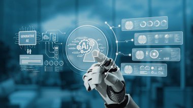 Robotik bir el, modern bir çalışma alanındaki yenilikçi ve gelecekteki gelişmeyi vurgulayan şeffaf bir dijital arayüz sergilenen üretici yapay zeka teknolojisi kavramlarıyla meşgul olur. Auvana