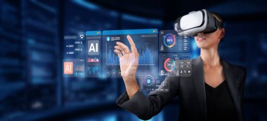 Sanal gerçeklik ortamına dalmış bir kişi, yenilikçi arayüzlerle veri analizlerini araştırıyor, teknoloji ve zekanın modern iş akışlarına entegrasyonunu gösteriyor. XDMCP