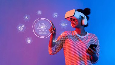 Yenilikçi çözümler için dijital pazarlama ve yapay zeka otomasyonunun kesişimlerini keşfederken sanal gerçeklik teknolojisiyle uğraşan bir kullanıcıyı canlandıran canlı bir sahne. XDMCP