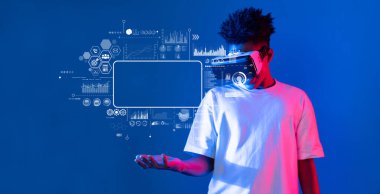 A young person engages with virtual reality technology, visualizing big data analytics and marketing strategies, surrounded by futuristic graphics in a modern backdrop. XDMCP clipart