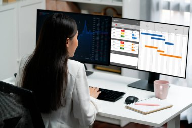Ekip projesinin zaman çizelgesini gösteren bilgisayar ekranında canlı iş projesi yönetimi için proje planlama yazılımı