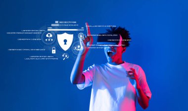 Bir kişinin dijital güvenlik arayüzü ile etkileşimini gösteren dinamik bir görüntü, siber güvenlik, veri koruması ve çevrimiçi gizlilik temalarını teknolojiden anlayan bir ortamda vurguluyor. XDMCP