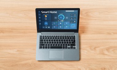 Smart home technology, centric remote control system with digital dashboard for air conditioning, safety security network or house automation. App software, ui panel programming IOT monitor snugly