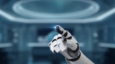 Robot bir el, modern veri görselleştirme paneliyle etkileşime girer analitik grafikler ve teknoloji odaklı bir ortamda iş sezgileri için projeksiyonlar sergiler. Auvana