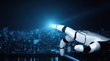 Gelecekçi robot yapay zeka yapay zeka yapay zekayı aydınlatıyor ve makine öğrenme kavramını geliştiriyor. İnsan hayatının geleceği için küresel robotik RPA bilim araştırması. 3B görüntüleme grafiği.