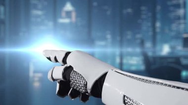 Robotik bir el, teknolojik ilerlemeyi ve veri analizinin iş hayatındaki önemini simgeleyen gösterişli bir ofis ortamında yükselen bir dizi veri grafiğine işaret ediyor. Auvana