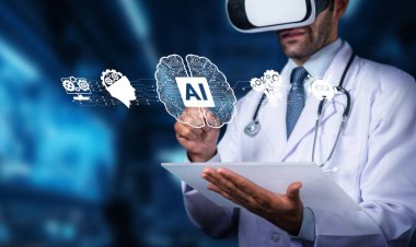 Bir sağlık uzmanı yapay zeka kavramlarını keşfetmek için sanal gerçeklik kulaklığı kullanır, tıbbi araştırmalar ve yenilikler üzerinde teknolojileri sergiler. PHMT