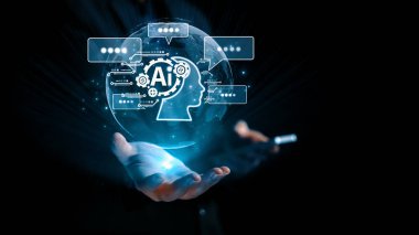 Yapay zeka mühendisliği, büyük veri ve yapay zeka makinesi kavramında yapay zeka beyin işlemcisiyle iş desteği için üretken yapay zeka kullanmayı öğrenen insan etkileşimi. Kullanıcı Kimliği