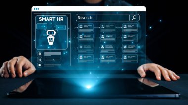 Sanal bir asistan ve modern işe alım ve yönetim süreçleri için etkileşimli bir arama arayüzü içeren yapay zeka destekli insan kaynakları teknolojisi hakkında yenilikçi bir kavram. Dörtgen